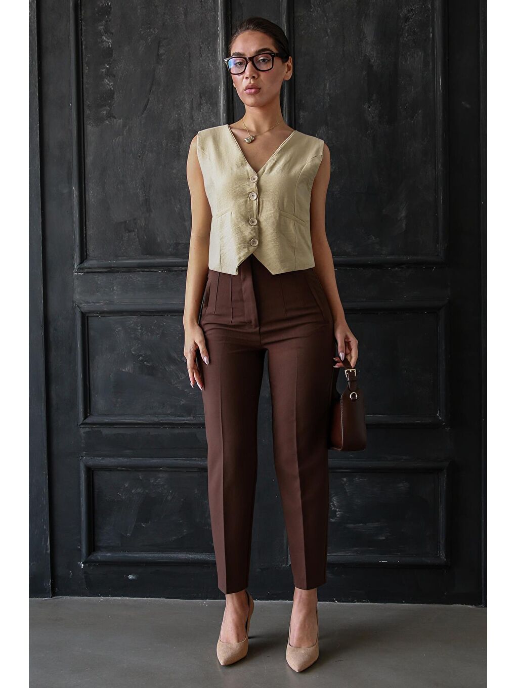 Kahverengi Acı Kahve Önü Biyeli Yüksek Bel Kadın Pantolon Mg2425