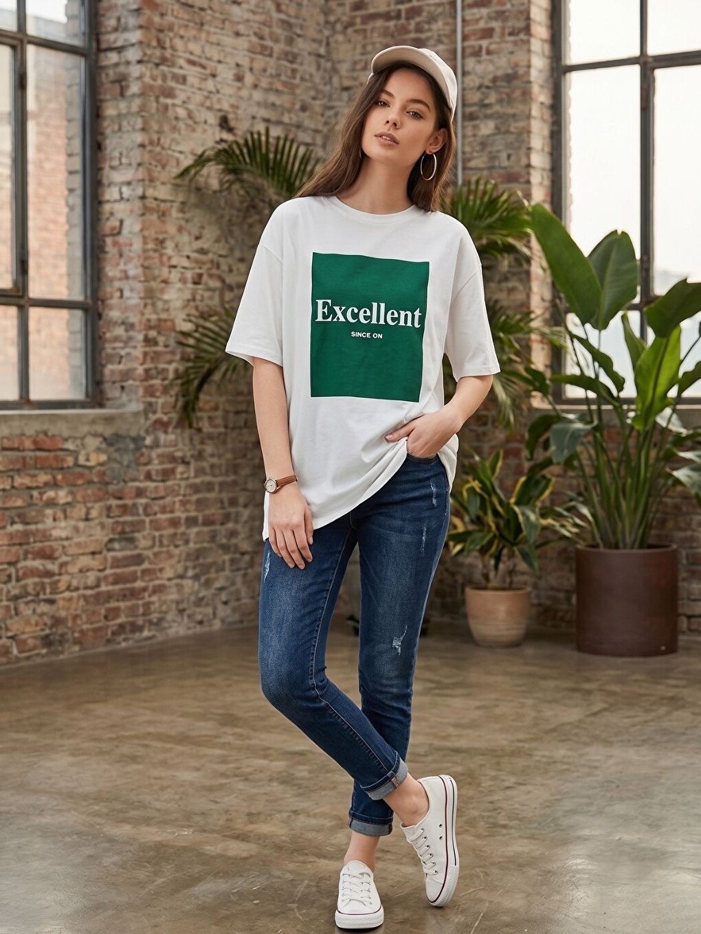 Kadın Excellent Baskı %100 Organik Pamuk Comfort Fit Yuvarlak Yaka Tişört Beyaz
