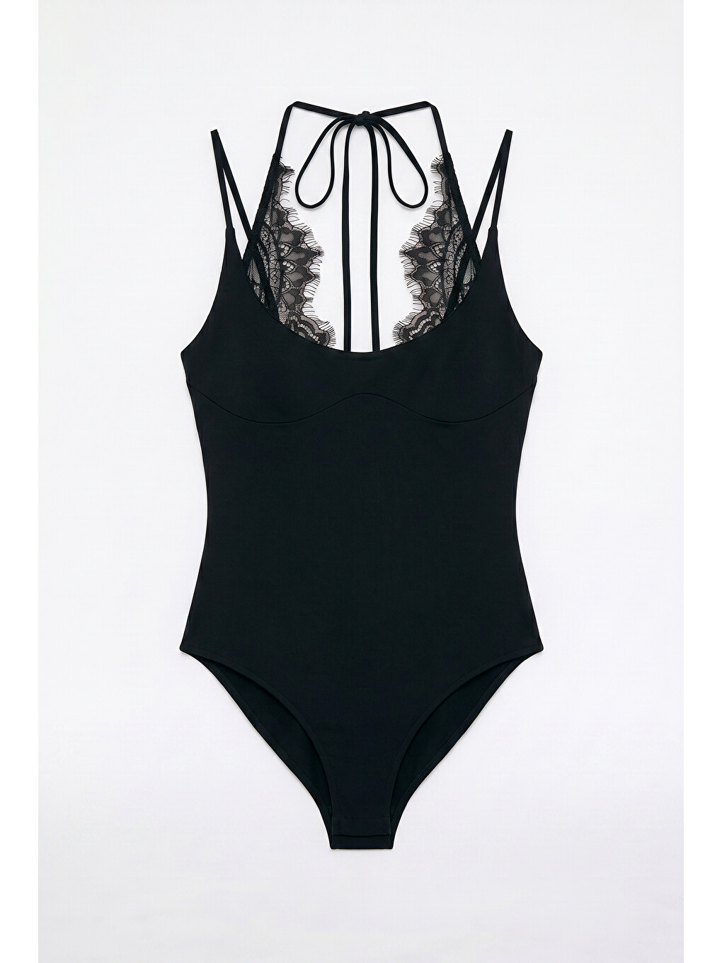 Dantel Kombineli Halter Yaka Bodysuit Siyah-1