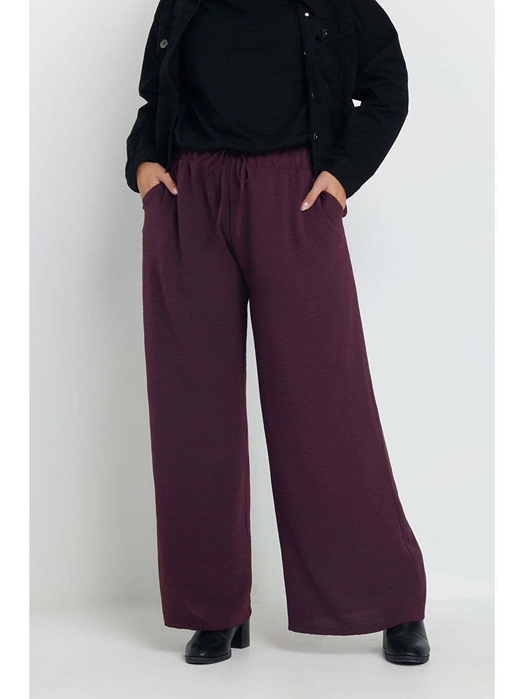 Mürdüm Büyük Beden Beli Lastikli Bol Paça Cepli Pantolon 303861-3