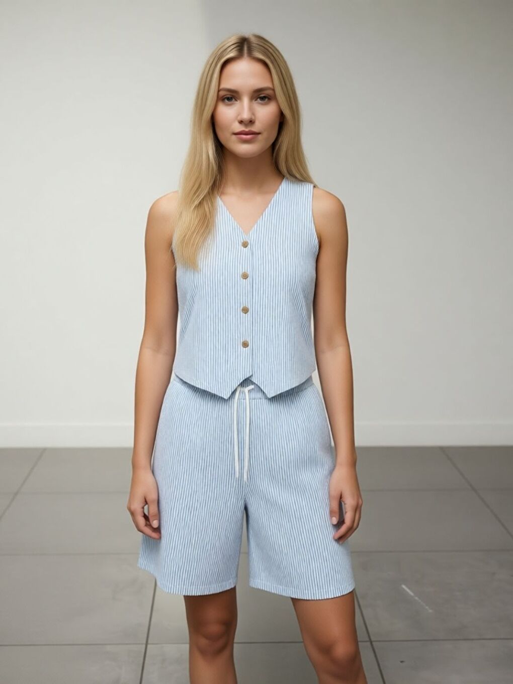 Açık Mavi V Yaka Yelek Şort Dokuma Şeritli Jakarlı Alt-Üst Takım
