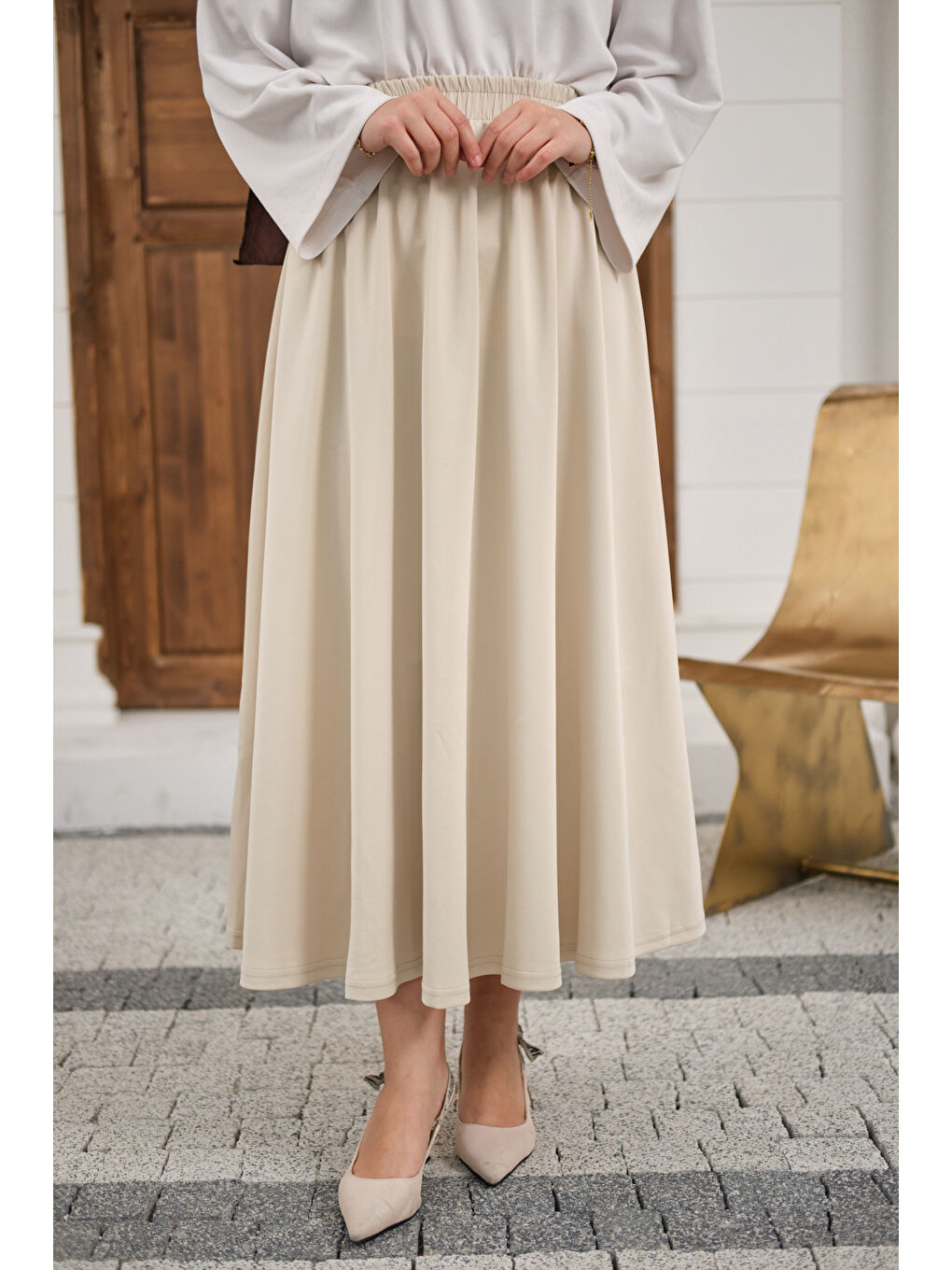 Kadın Beli Lastikli Scuba Etek Bej