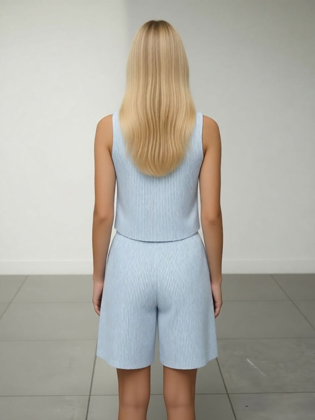 Açık Mavi V Yaka Yelek Şort Dokuma Şeritli Jakarlı Alt-Üst Takım-2