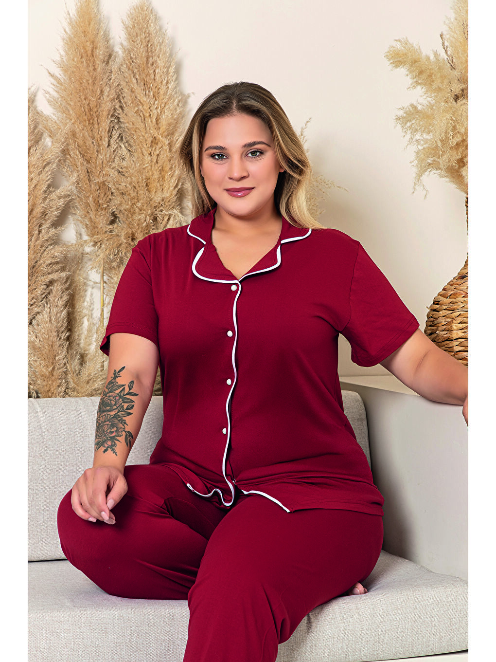 Bordo Kadın %100 Organik Pamuk Doğal Gömlek Yaka Düğmeli Kısa Kollu Biyeli Battal Pijama Takımı