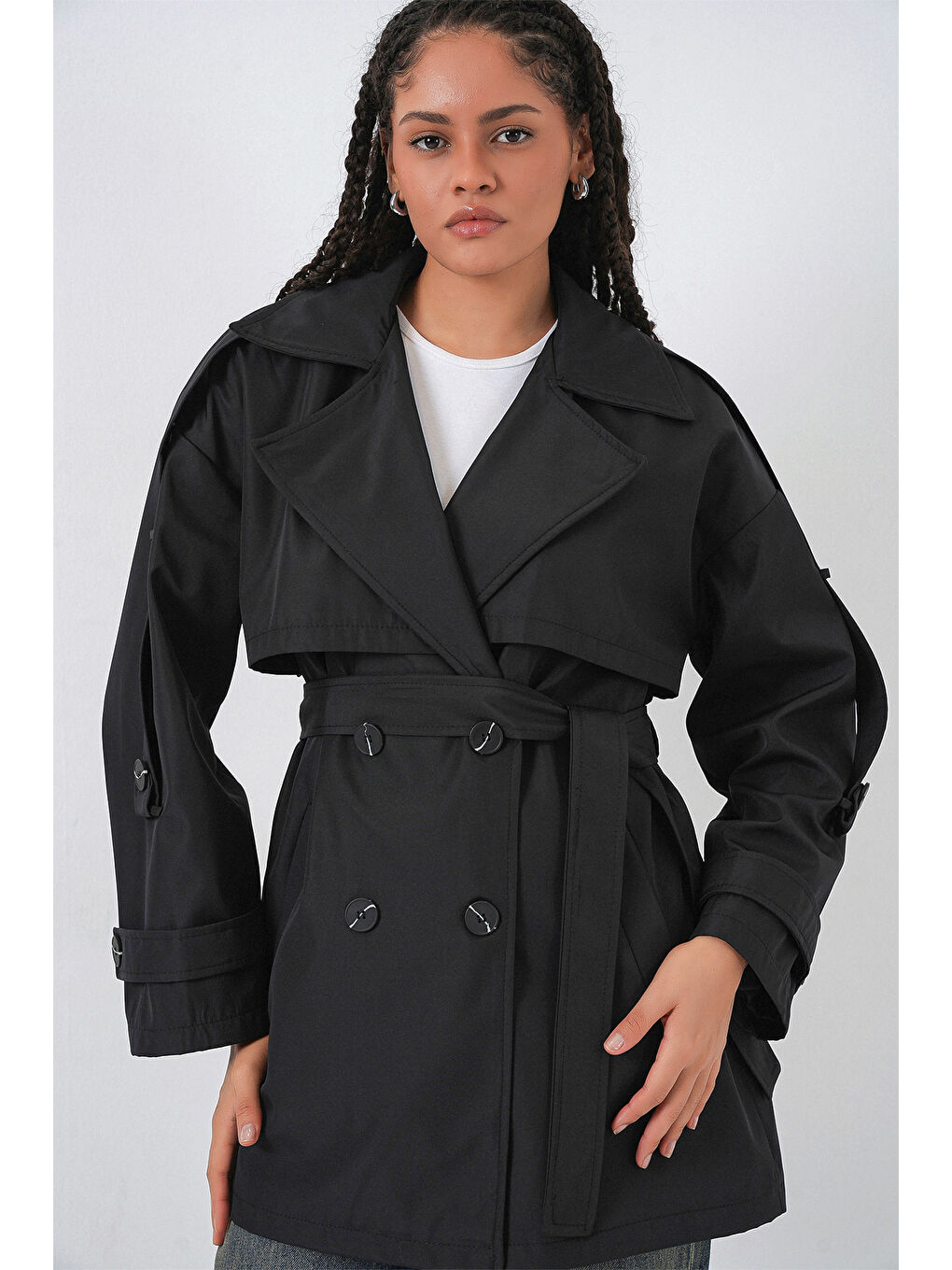 Kadın Kuşaklı Kısa Trençkot 5974 - Siyah
