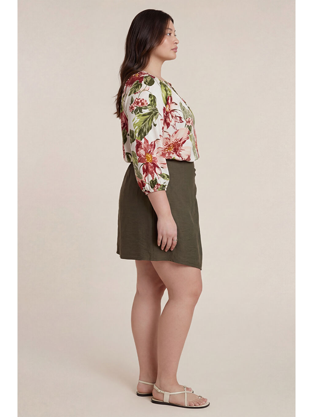 Haki V Yaka Büzgü Detaylı Örme Bluz-1