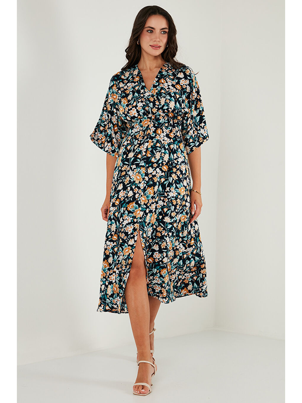 Lacivert Regular Fit V Yaka Desenli Midi Boy Kadın Elbise 67810573-2