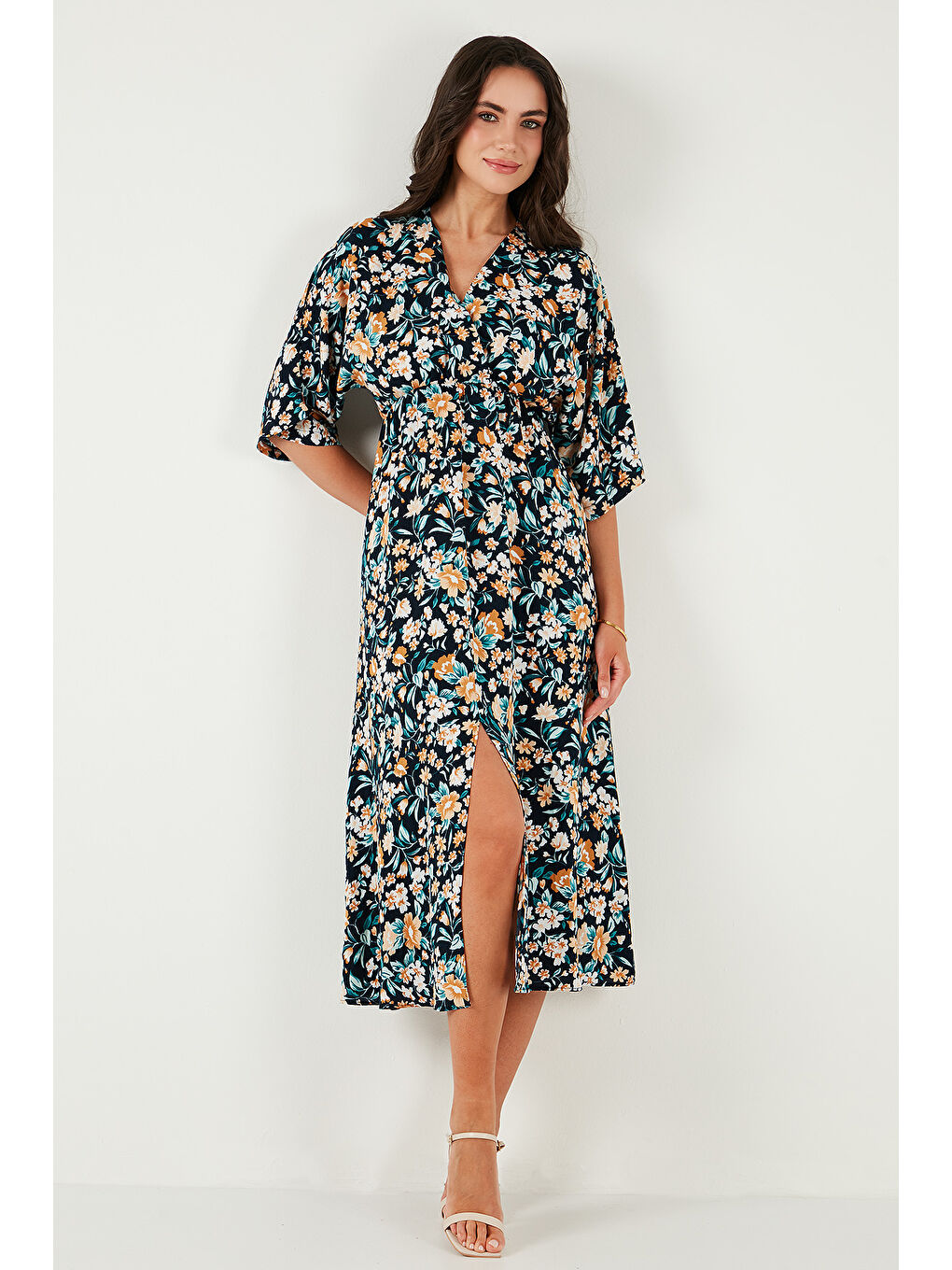 Lacivert Regular Fit V Yaka Desenli Midi Boy Kadın Elbise 67810573-3