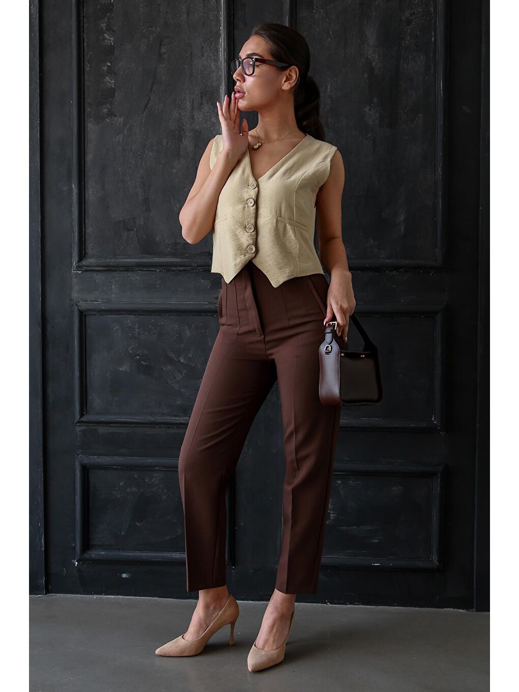 Kahverengi Acı Kahve Önü Biyeli Yüksek Bel Kadın Pantolon Mg2425-2