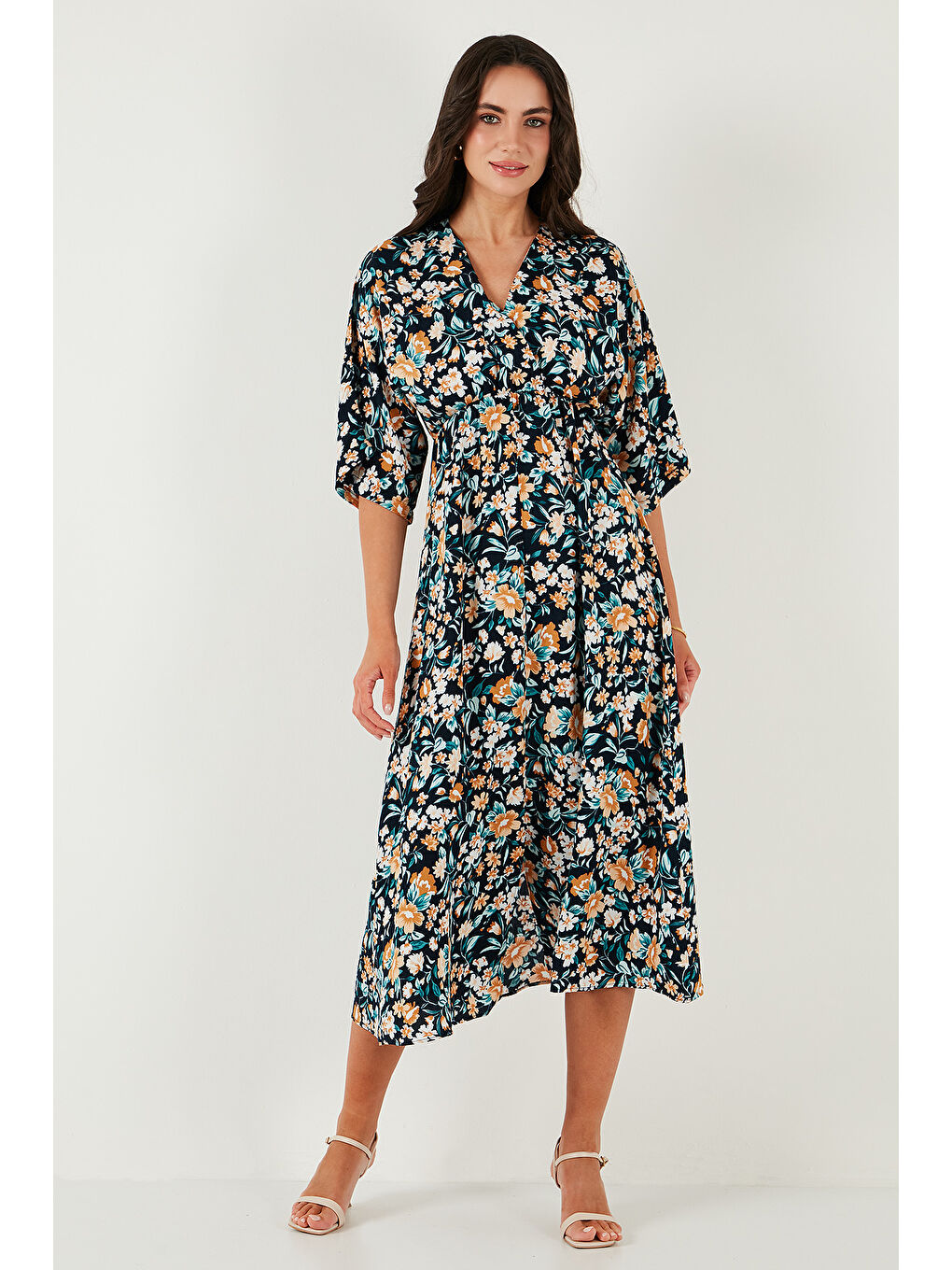 Lacivert Regular Fit V Yaka Desenli Midi Boy Kadın Elbise 67810573-4