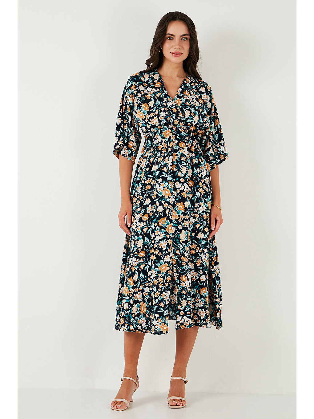 Lacivert Regular Fit V Yaka Desenli Midi Boy Kadın Elbise 67810573-5