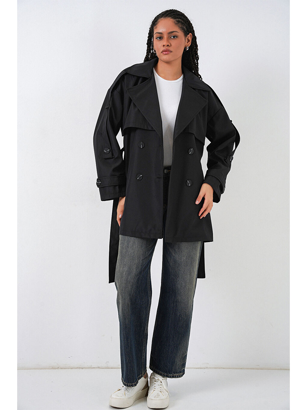 Kadın Kuşaklı Kısa Trençkot 5974 - Siyah-1