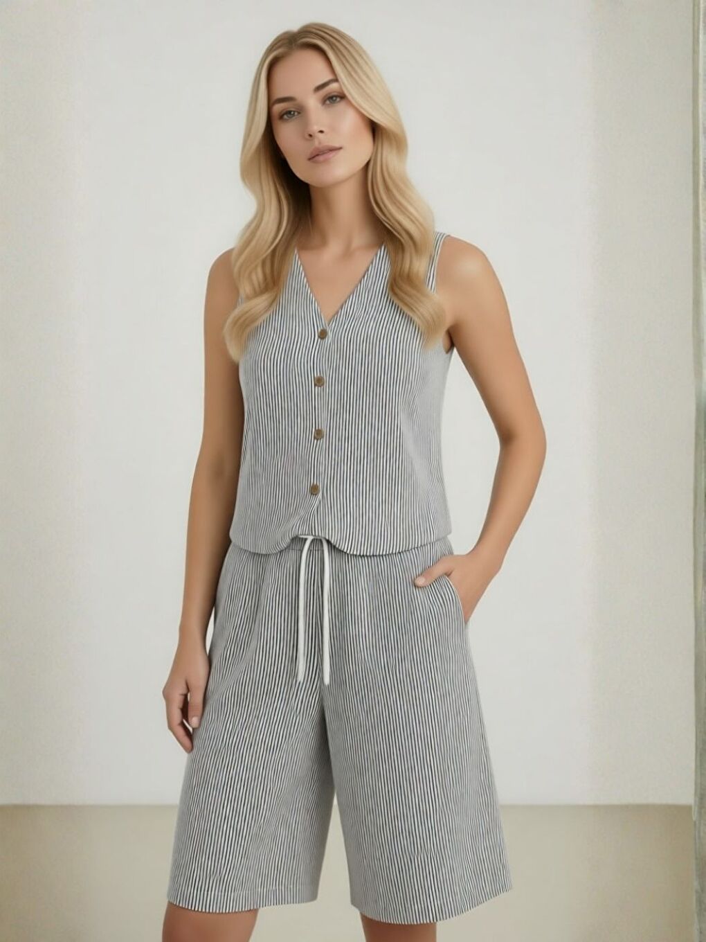 Gri V Yaka Yelek Şort Dokuma Şeritli Jakarlı Alt-Üst Takım