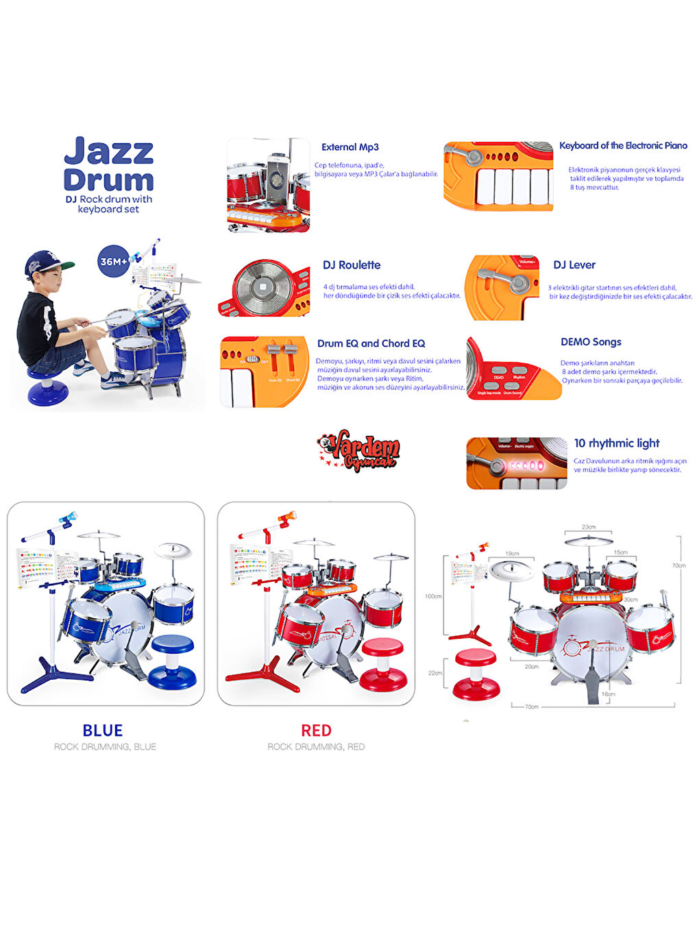 Mikrofonlu Mp3 Çalar Bateri Seti Mavi-1