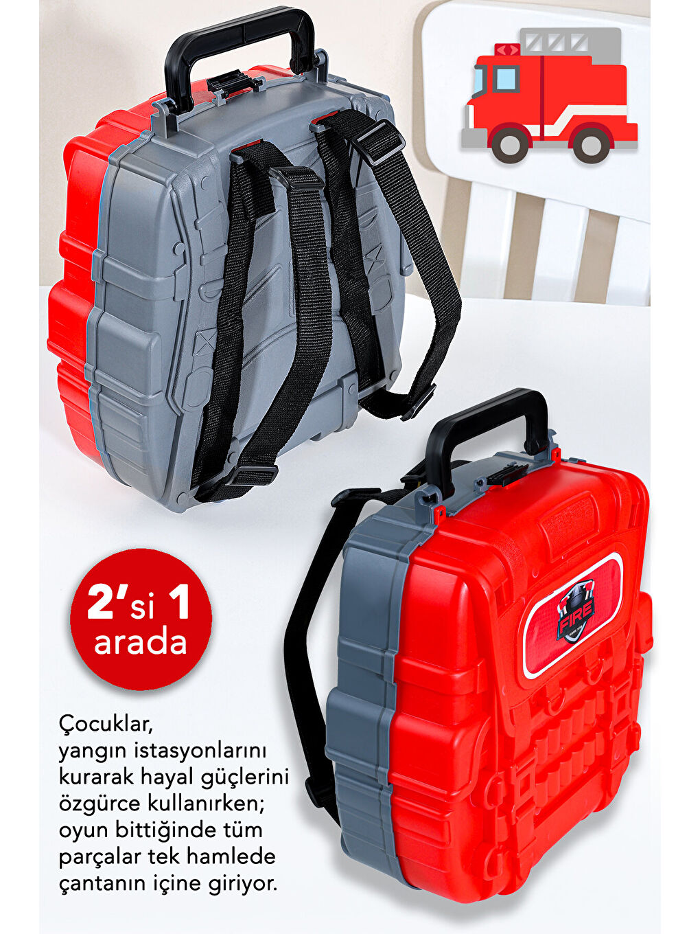 48 Parça İtfaiye Oyuncak Seti - Sırt Çantalı Asansörlü Araba Garaj Helikopter Pisti Oyun Seti-1