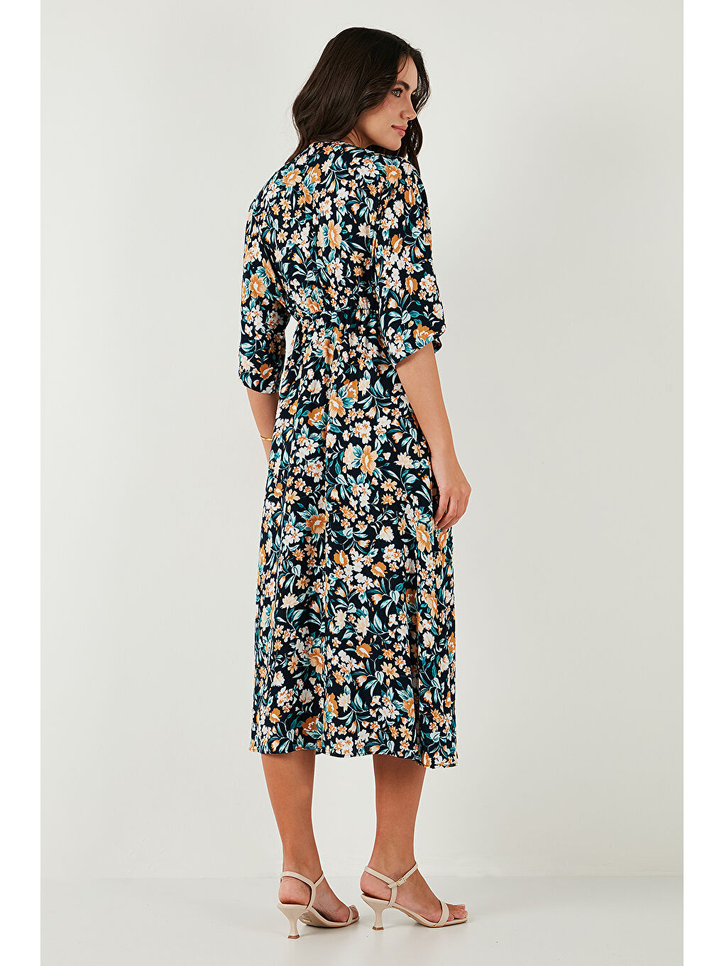 Lacivert Regular Fit V Yaka Desenli Midi Boy Kadın Elbise 67810573-6