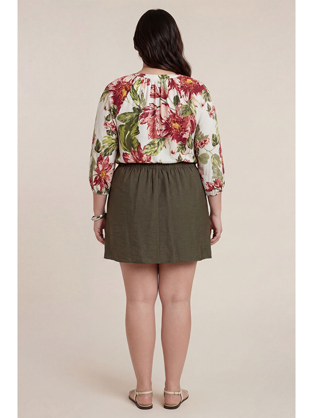 Haki V Yaka Büzgü Detaylı Örme Bluz-2