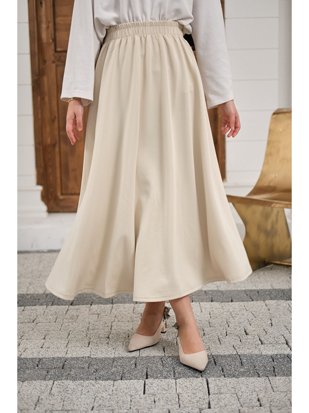 Kadın Beli Lastikli Scuba Etek Bej-1