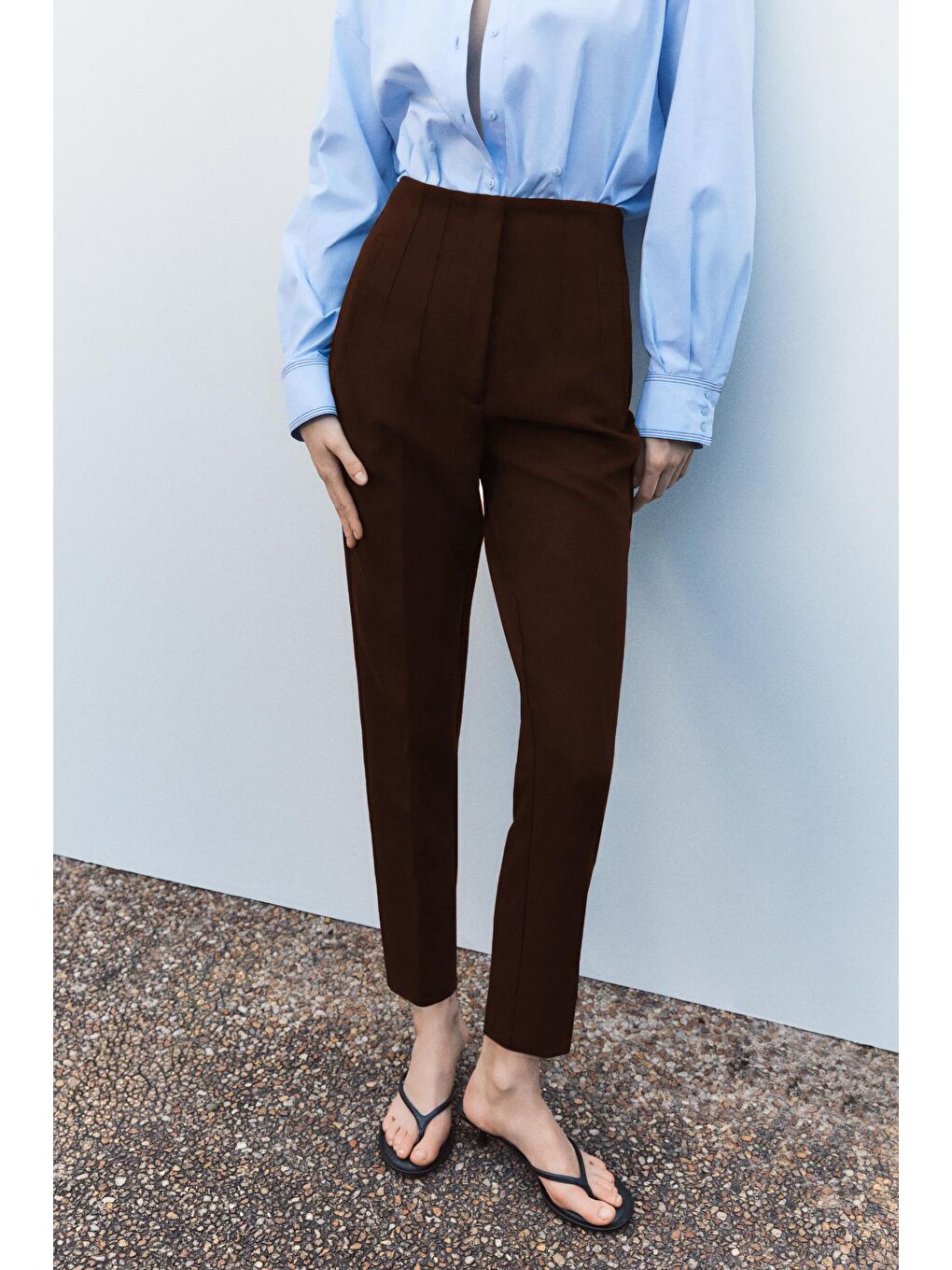 Kahverengi Acı Kahve Önü Biyeli Yüksek Bel Kadın Pantolon Mg2425-3