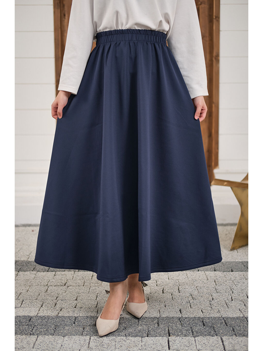 Kadın Beli Lastikli Scuba Etek Lacivert-1