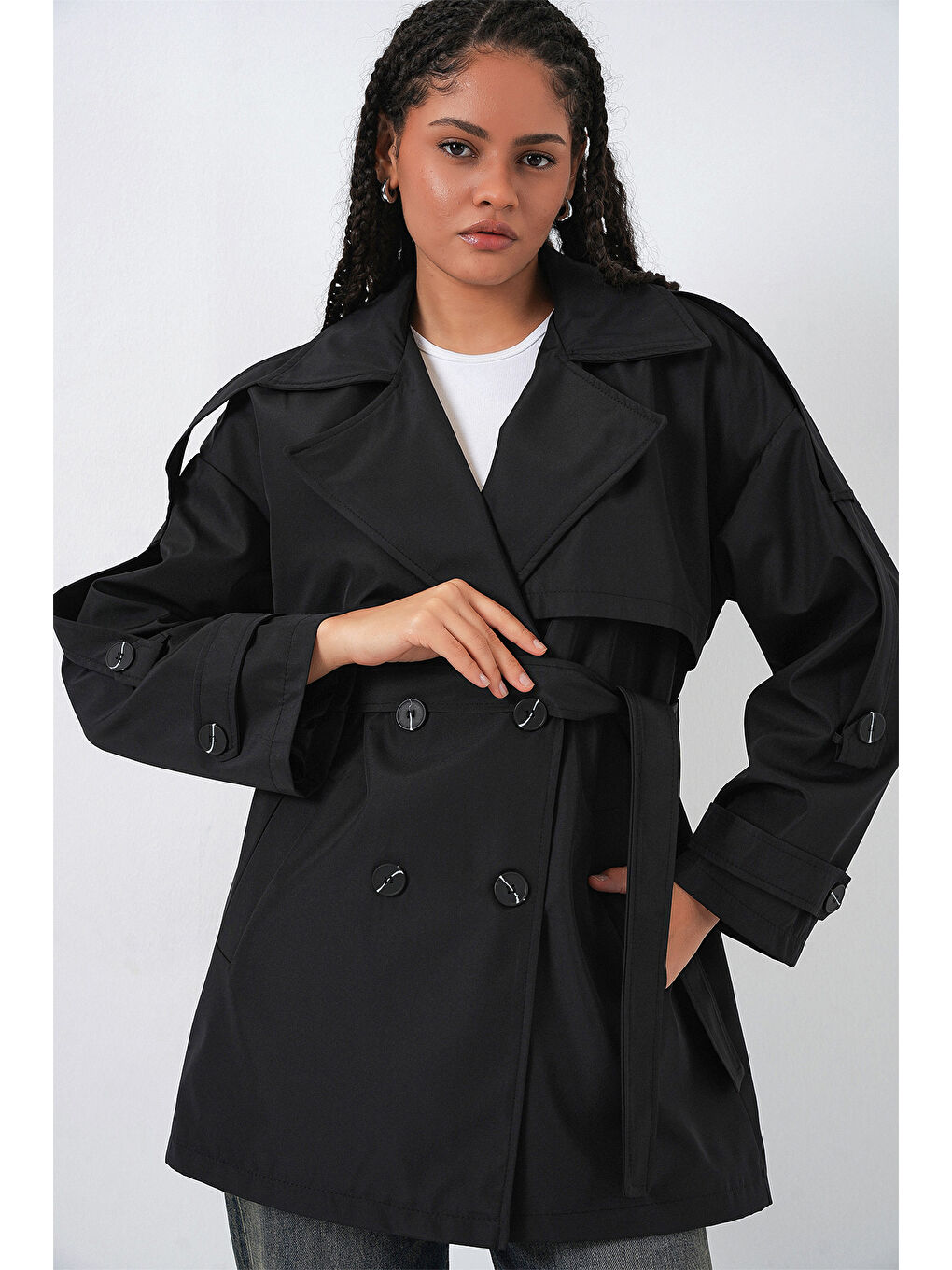 Kadın Kuşaklı Kısa Trençkot 5974 - Siyah-2
