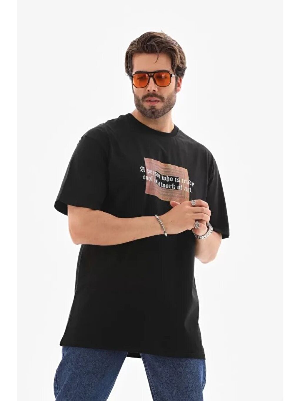 Unisex Bisiklet Yaka Baskılı Oversize T-Shirt - Siyah-1