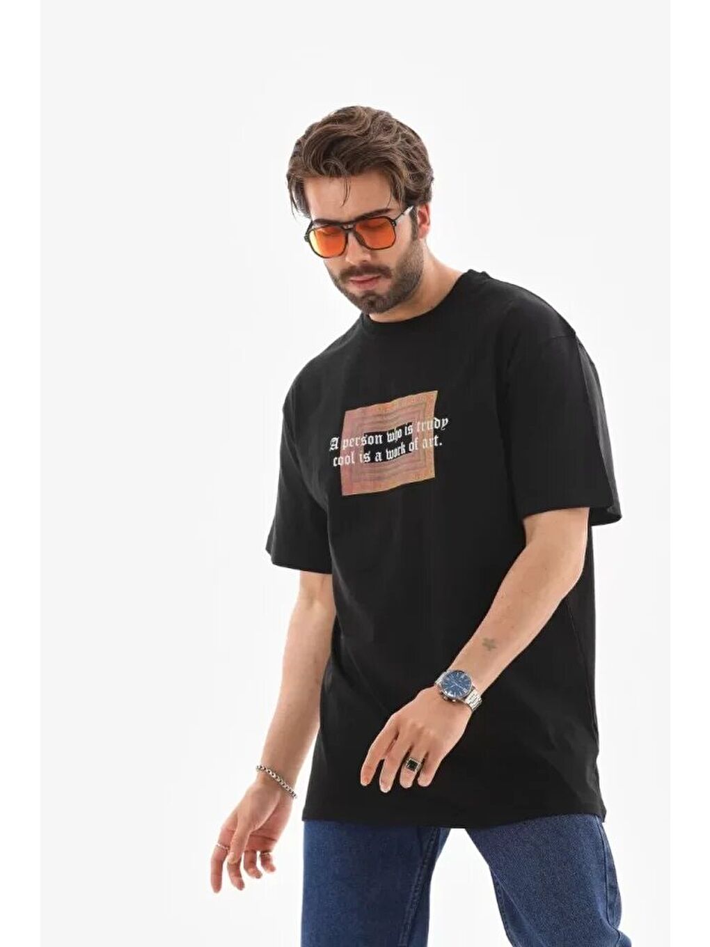 Unisex Bisiklet Yaka Baskılı Oversize T-Shirt - Siyah-2