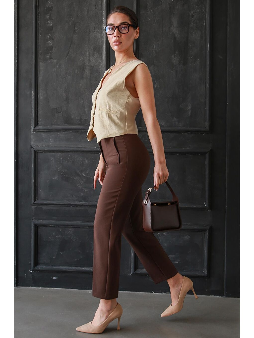 Kahverengi Acı Kahve Önü Biyeli Yüksek Bel Kadın Pantolon Mg2425-4