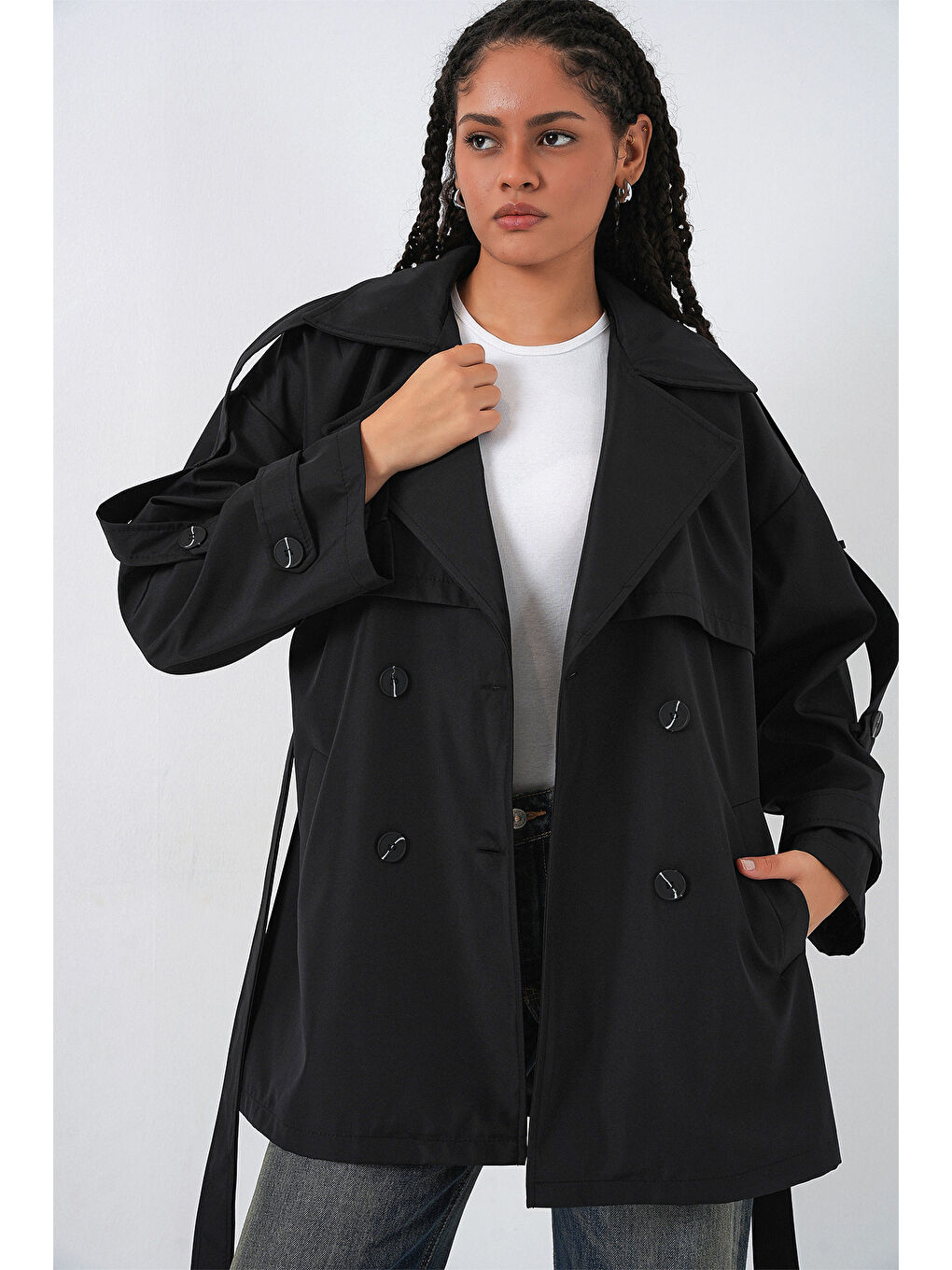 Kadın Kuşaklı Kısa Trençkot 5974 - Siyah-3
