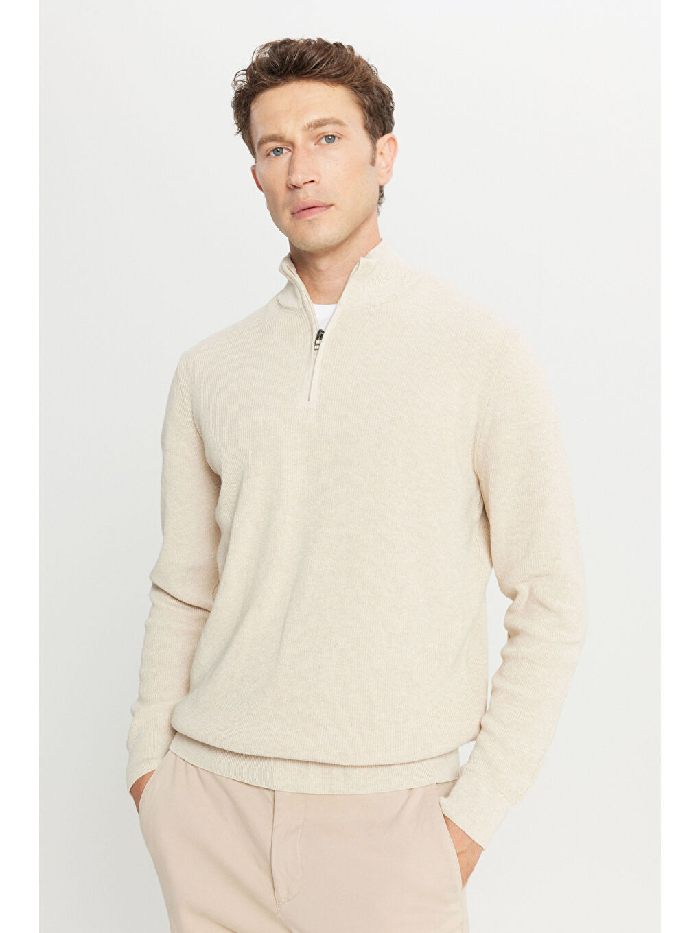 Erkek Açık Bej Pamuklu Standart Fit Normal Kesim Bato Yaka Jakarlı Triko Kazak-2