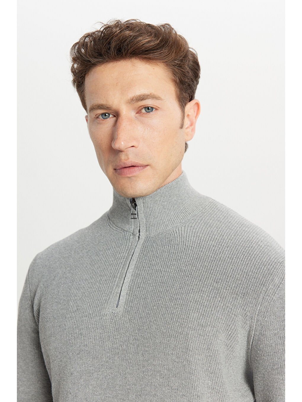 Erkek Gri Melanj Pamuklu Standart Fit Normal Kesim Bato Yaka Jakarlı Triko Kazak-3