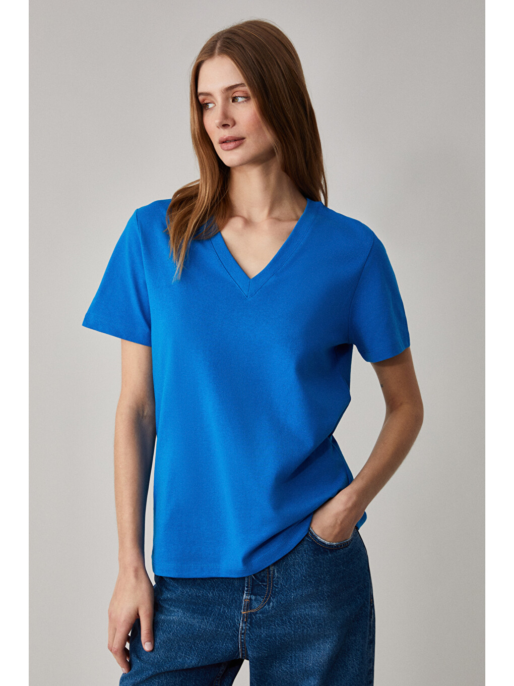 Mavi ALINE Kadın %100 organik Pamuk Derin V Yakalı Comfort Fit SAKS T-Shirt-2