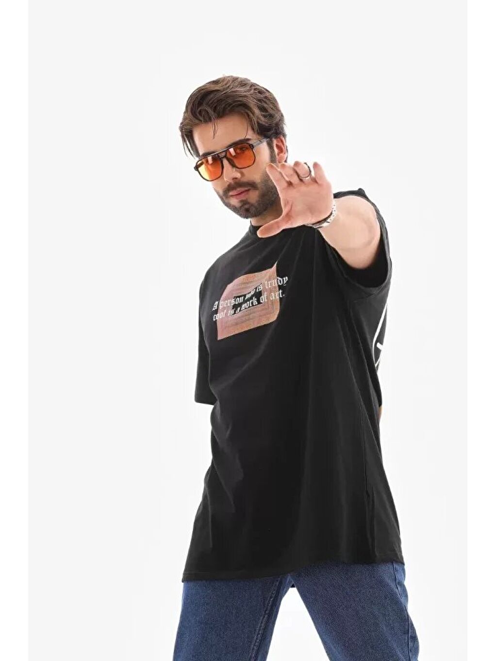 Unisex Bisiklet Yaka Baskılı Oversize T-Shirt - Siyah-3