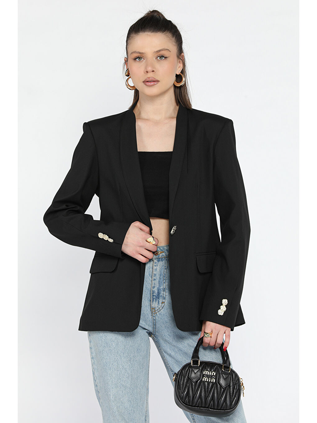 Siyah Kadın Düğme Detaylı Kruvaze Yaka Blazer Ceket