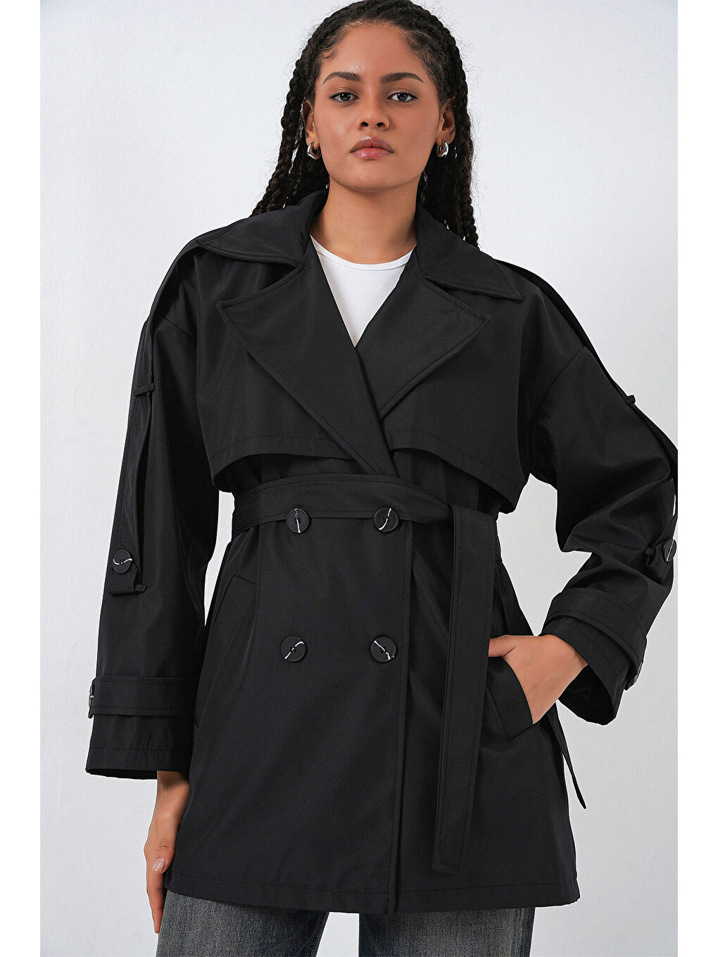 Kadın Kuşaklı Kısa Trençkot 5974 - Siyah-4