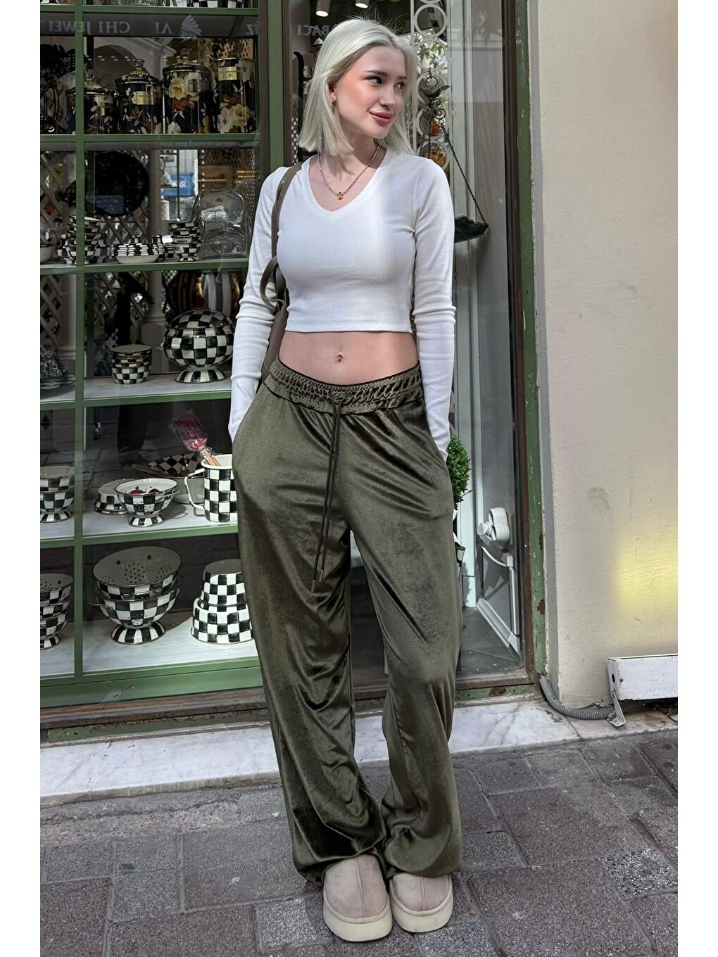 Haki Bol Paça Kadife Pantolon Mg2283-3