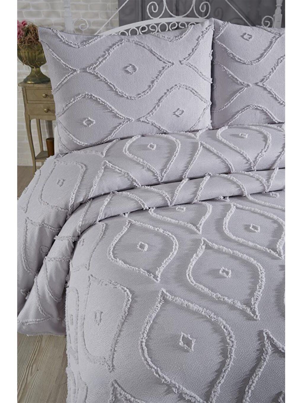 Pirot 3 Parça Çift Kişilik Pike Takımı Gri-3