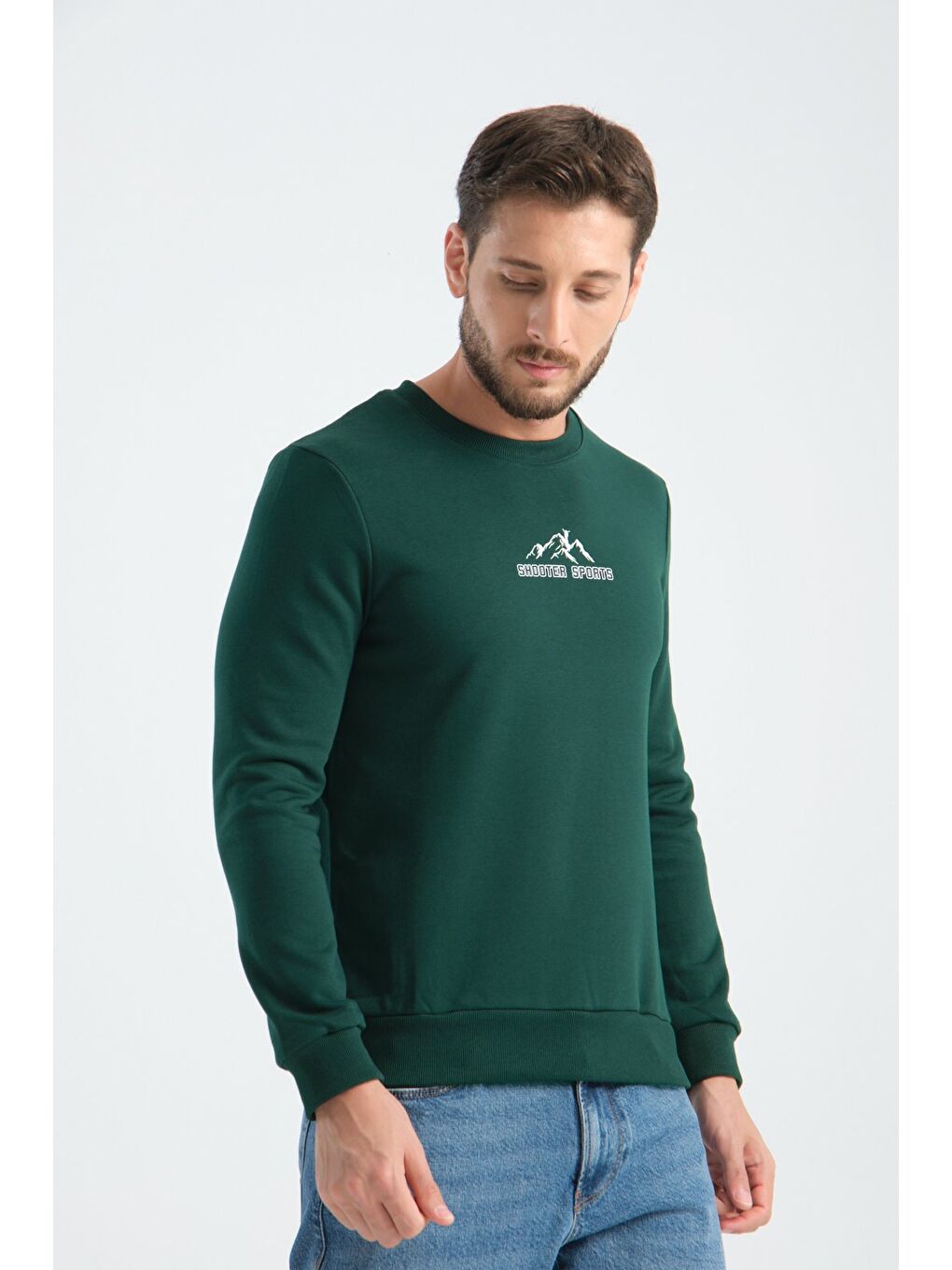 Koyu Yeşil Erkek Üç İplik Sweatshirt Şardonsuz Pamuklu Regular Fit Bisiklet Yaka Spor Sweat-1