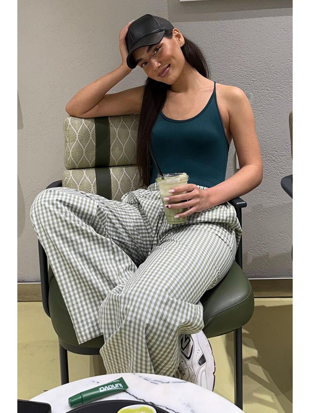 Açık Yeşil Pötikareli Bol Paça Kadın Pantolon Mg2335-2