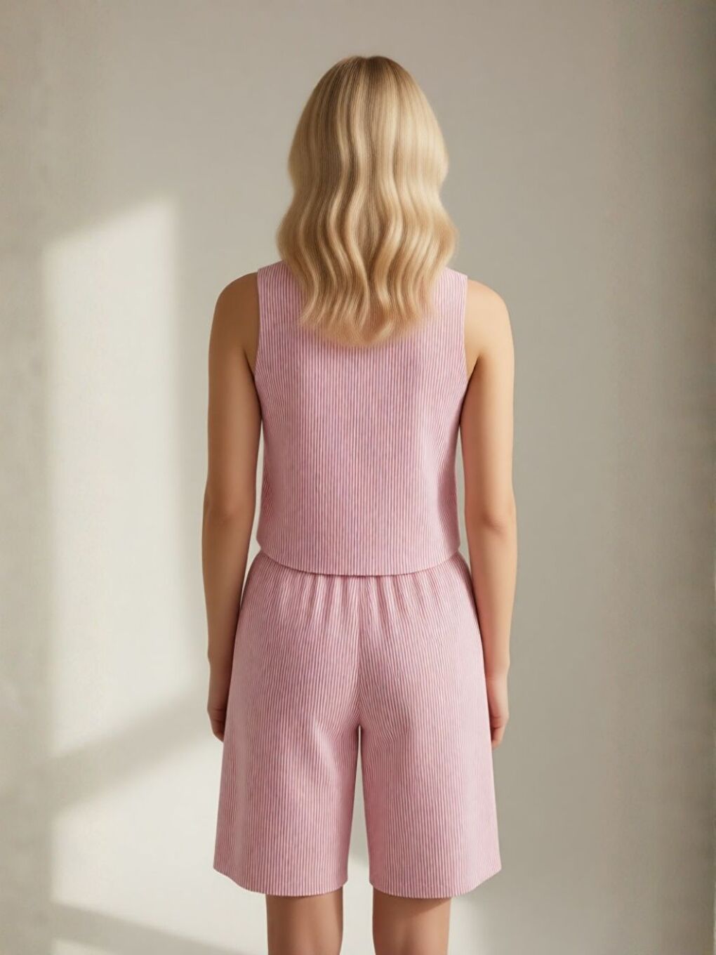 Pembe V Yaka Yelek Şort Dokuma Şeritli Jakarlı Alt-Üst Takım-2