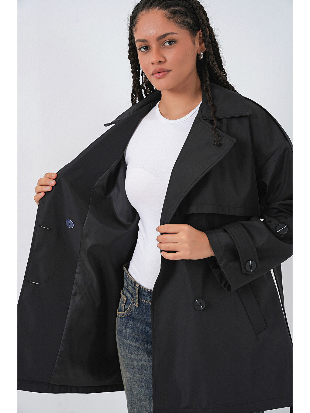Kadın Kuşaklı Kısa Trençkot 5974 - Siyah-5