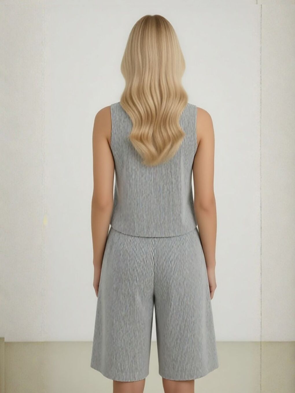 Gri V Yaka Yelek Şort Dokuma Şeritli Jakarlı Alt-Üst Takım-1