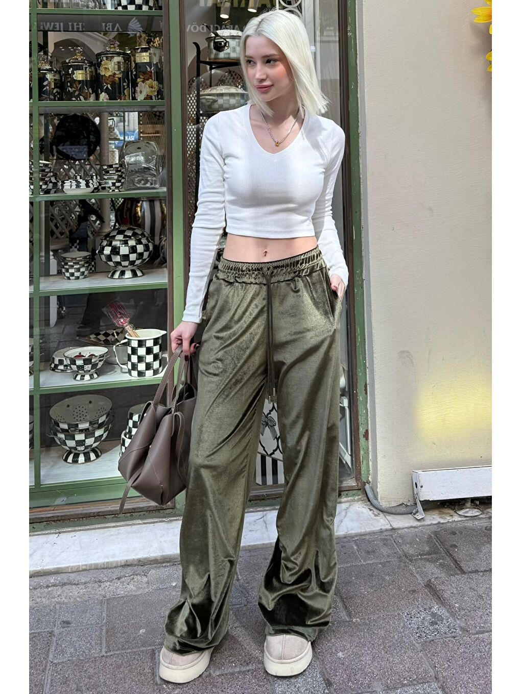 Haki Bol Paça Kadife Pantolon Mg2283-5