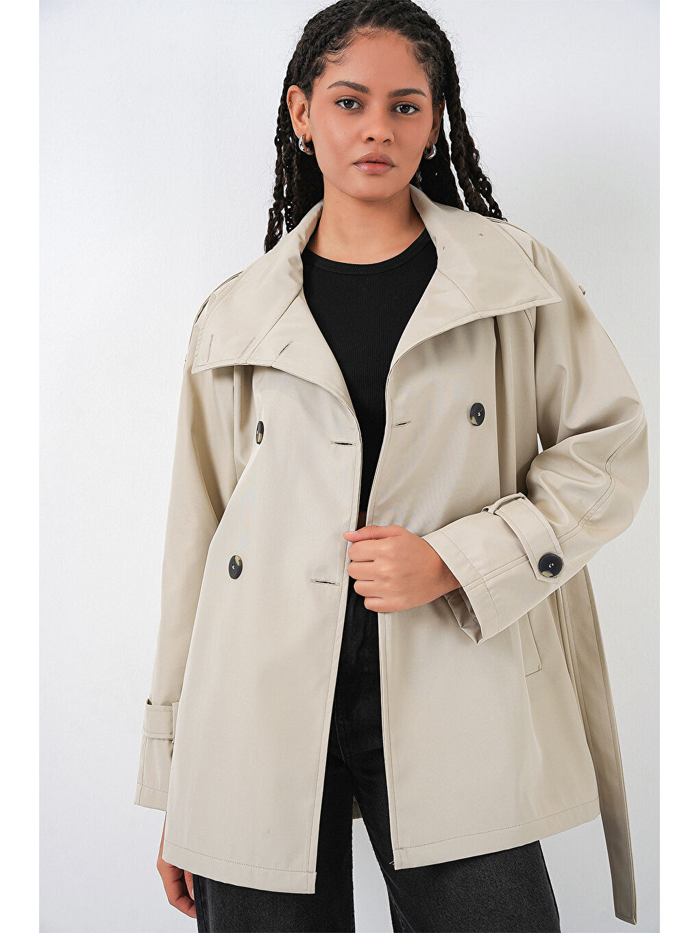 Kadın Kruvaze Yaka Kısa Trençkot 5980 - Bej-2
