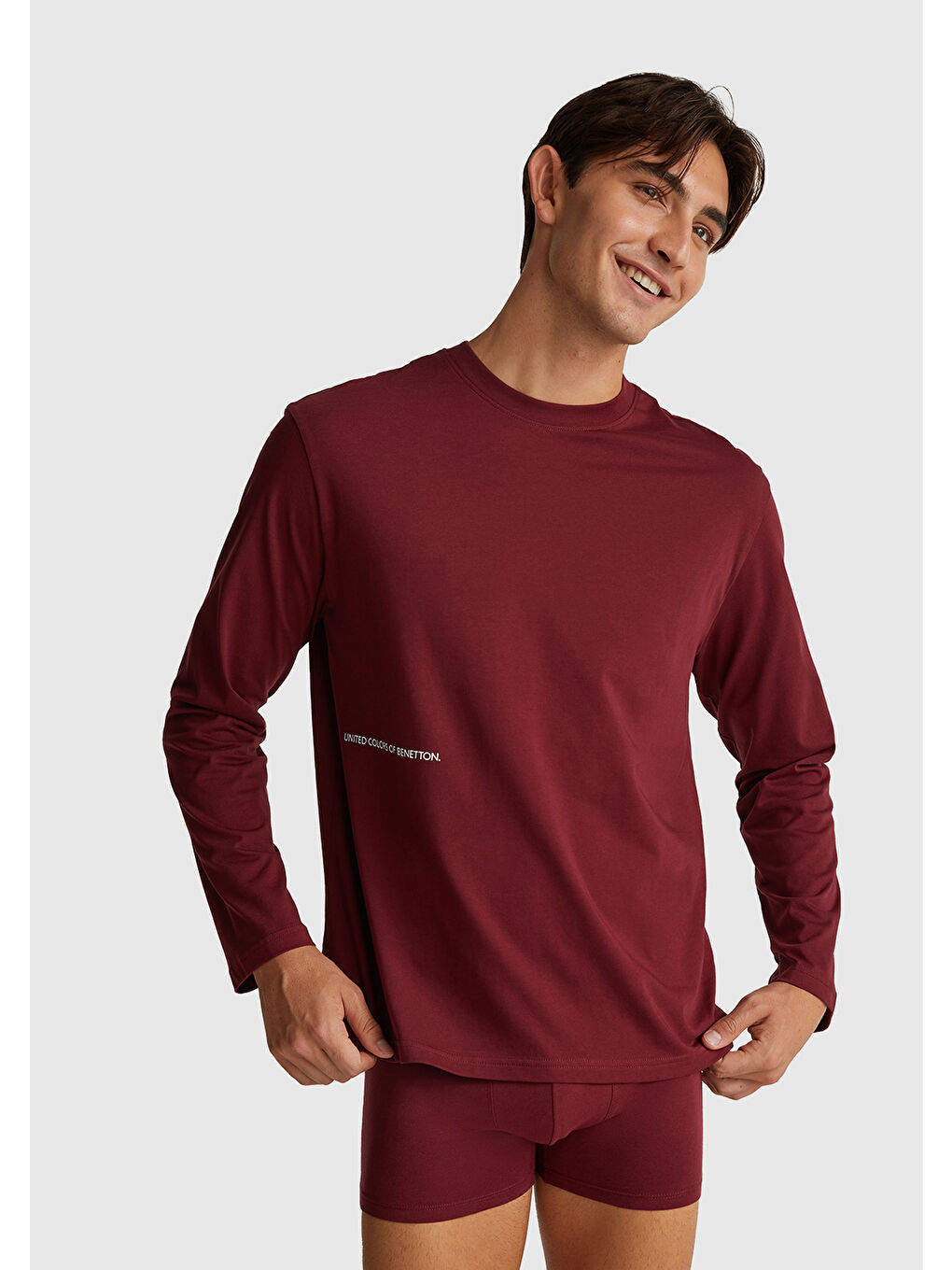 Erkek Bordo %100 Pamuk Logo Detaylı Pijama Üstü