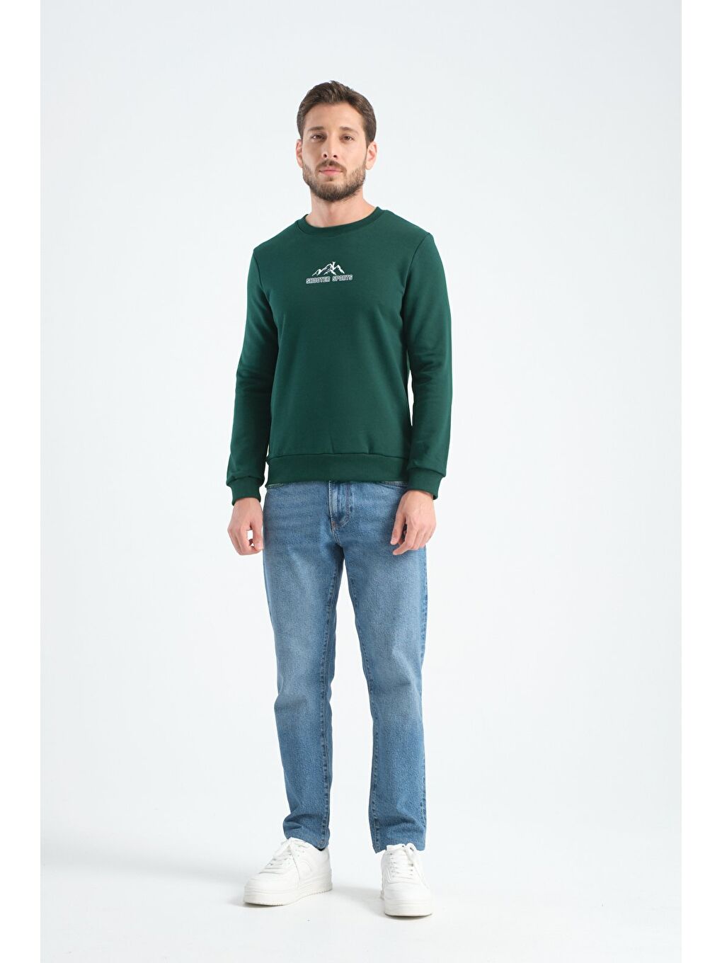 Koyu Yeşil Erkek Üç İplik Sweatshirt Şardonsuz Pamuklu Regular Fit Bisiklet Yaka Spor Sweat-2