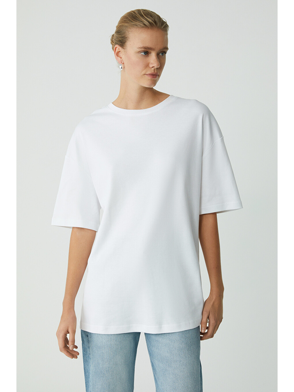 Vivian Kadın %100 Organik Pamuklu Oversize Fit Bisiklet Yaka Basic Ekru Büyük Beden T-shirt