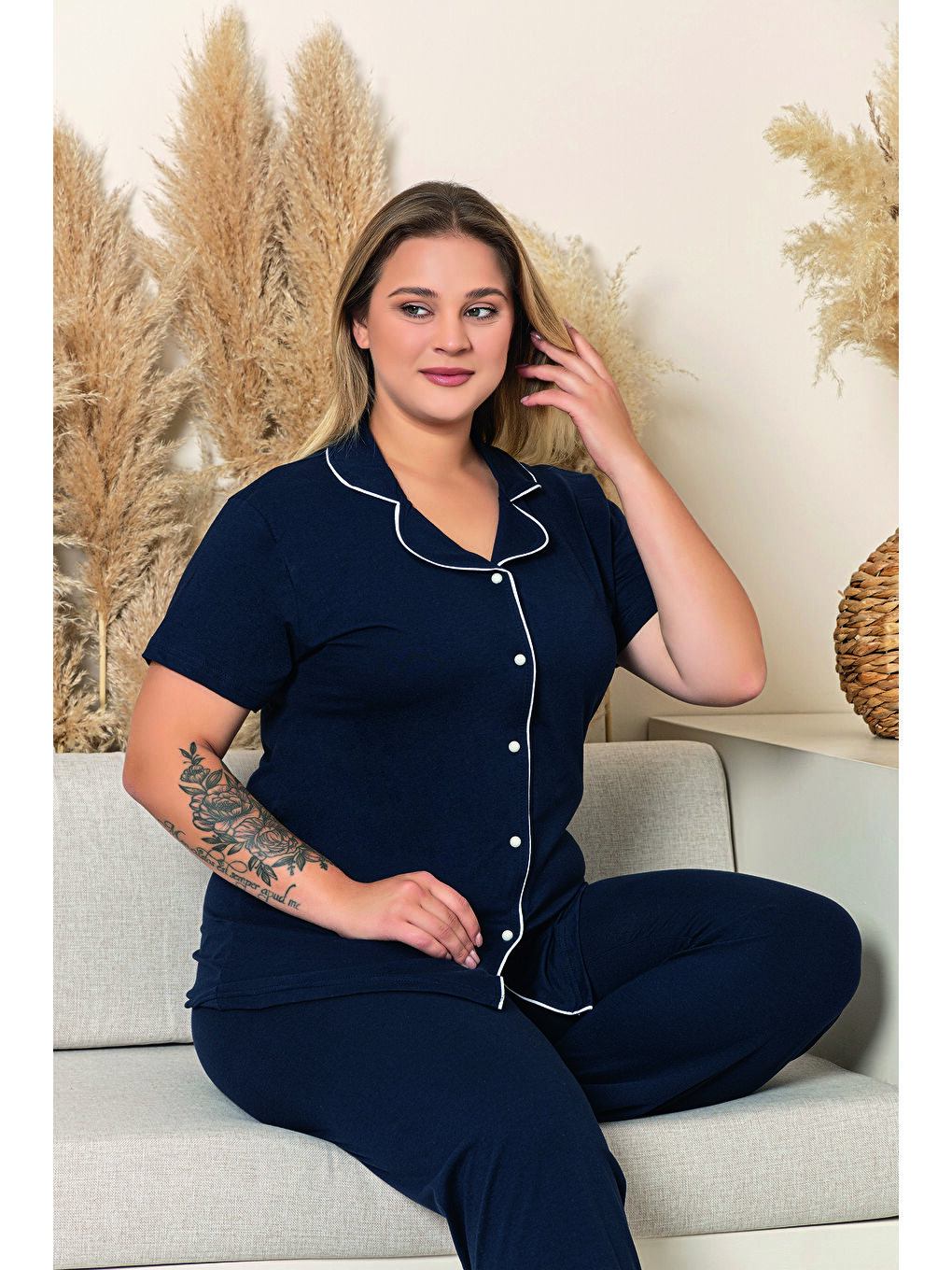 Lacivert Kadın %100 Organik Pamuk Doğal Gömlek Yaka Düğmeli Kısa Kollu Biyeli Battal Pijama Takımı