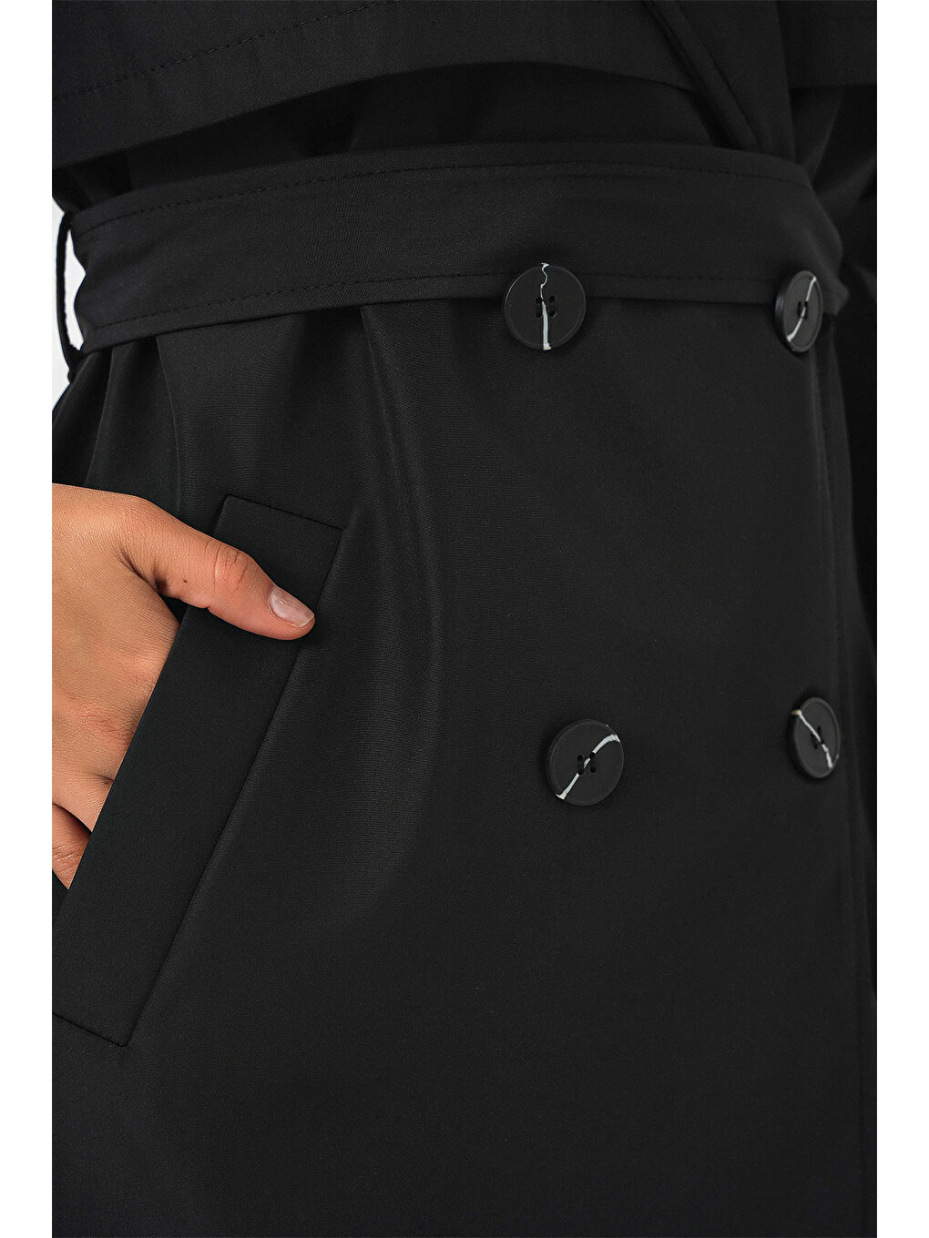 Kadın Kuşaklı Kısa Trençkot 5974 - Siyah-6