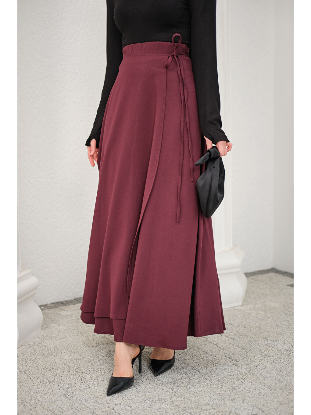 Kadın Yırtmaç Detay Kurdeleli Etek Bordo